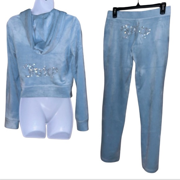 Juicy Couture Pants - JUICY COUTURE OG FROSTED BLUE  RHINESTONE VELOUR ZIP UP CROPPED TRACKSUIT NWT
